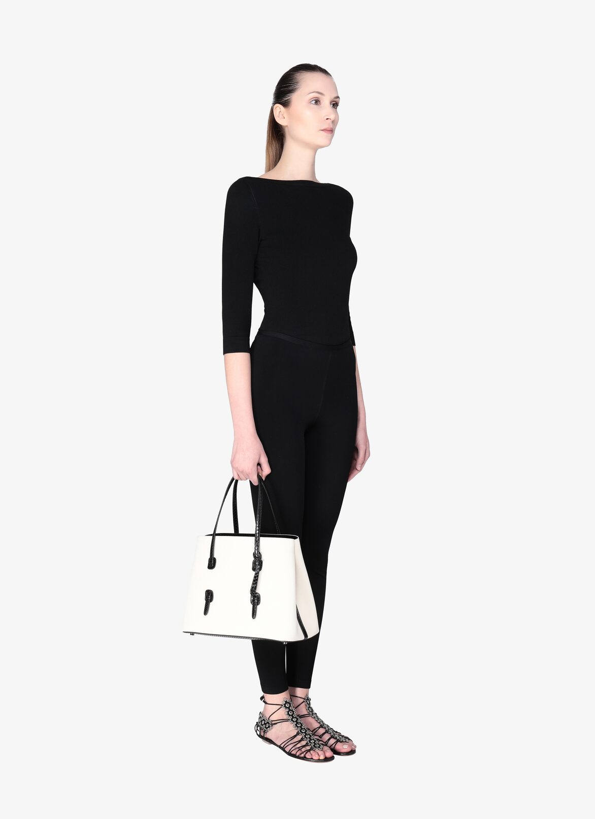 MINA MEDIUM CANVAS+ELAPHE IVORY/BLACK ALAÏA IVORY/BLACK  MINA MEDIUM CANVAS+ELAPHE IVORY/BLACK